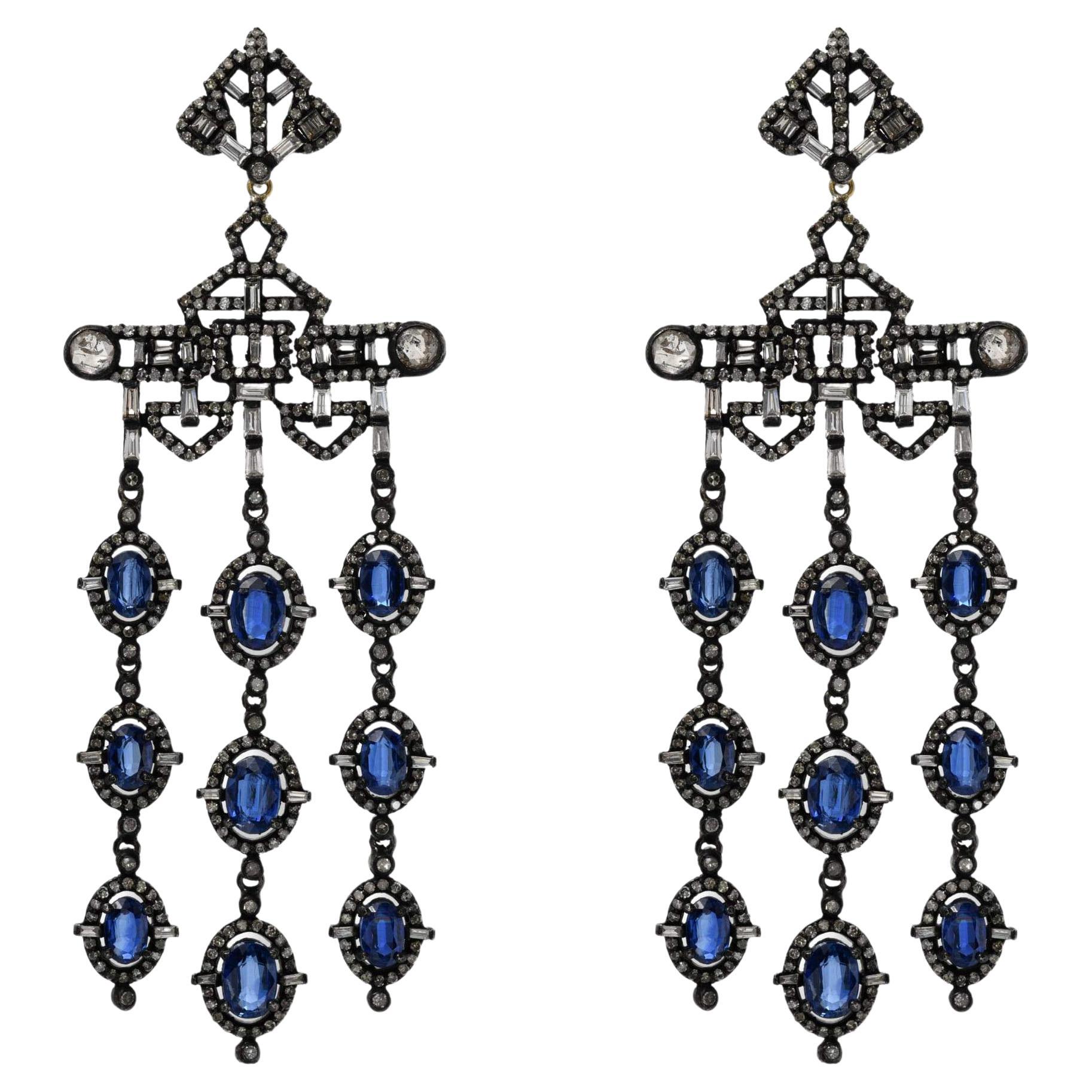 Boucles d'oreilles chandelier en kyanite et diamant