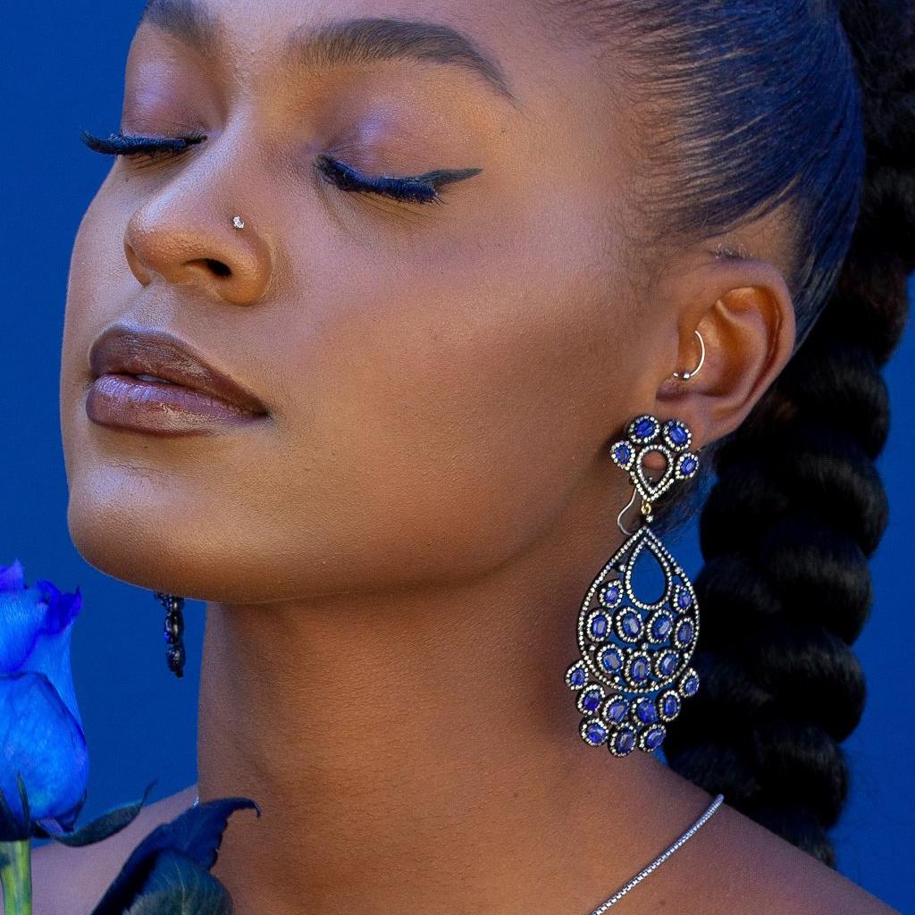 Large Occassion Earrings created with beautifully matched Kyanite and diamonds in oxidized silver. These luxurious, eye-catching earrings are perfect for any special event, offering timeless elegance and undeniable sophistication.