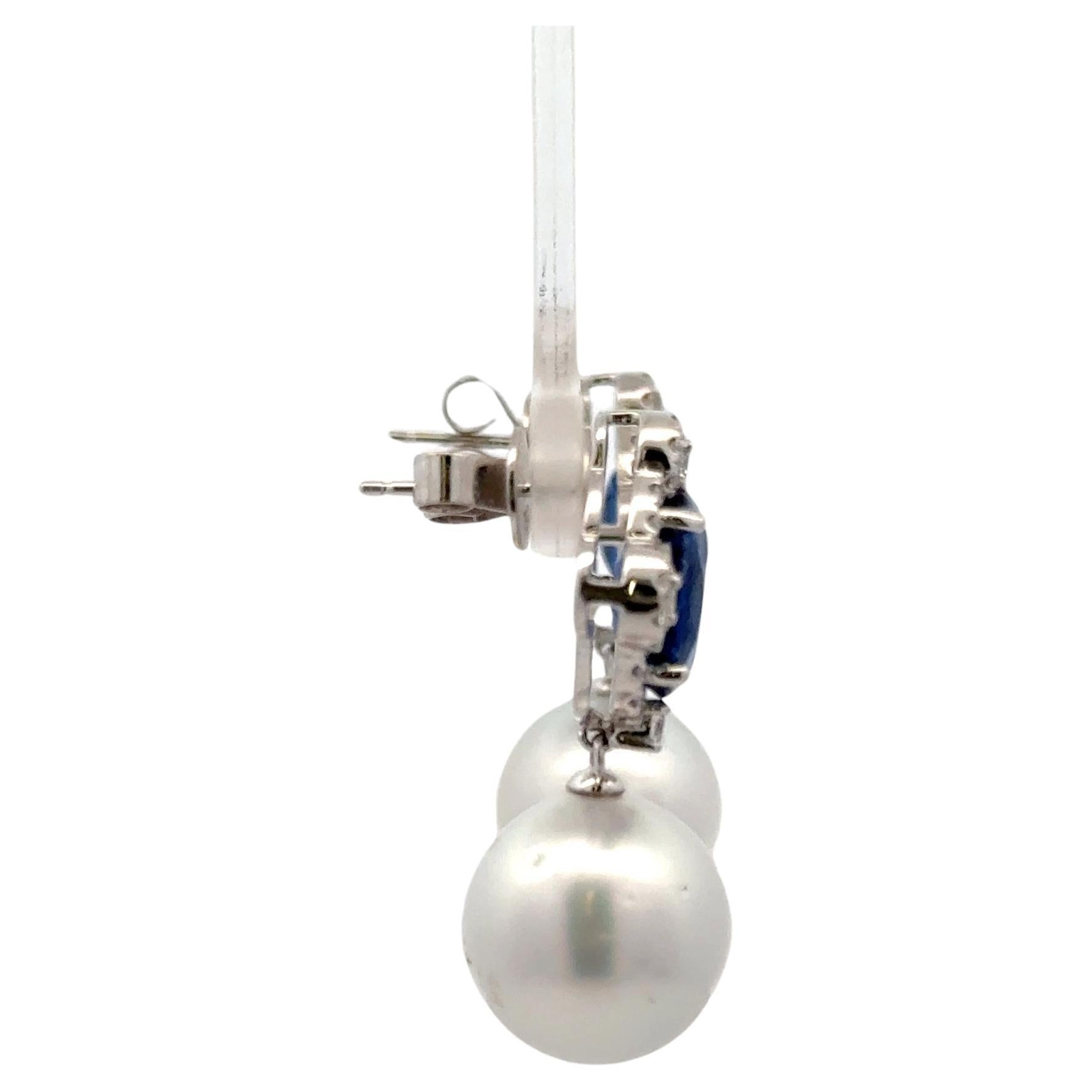 Kyanite Diamond South Sea Pearl Drop Earrings 7.25 Carat 18 Karat White Gold In New Condition For Sale In New York, NY