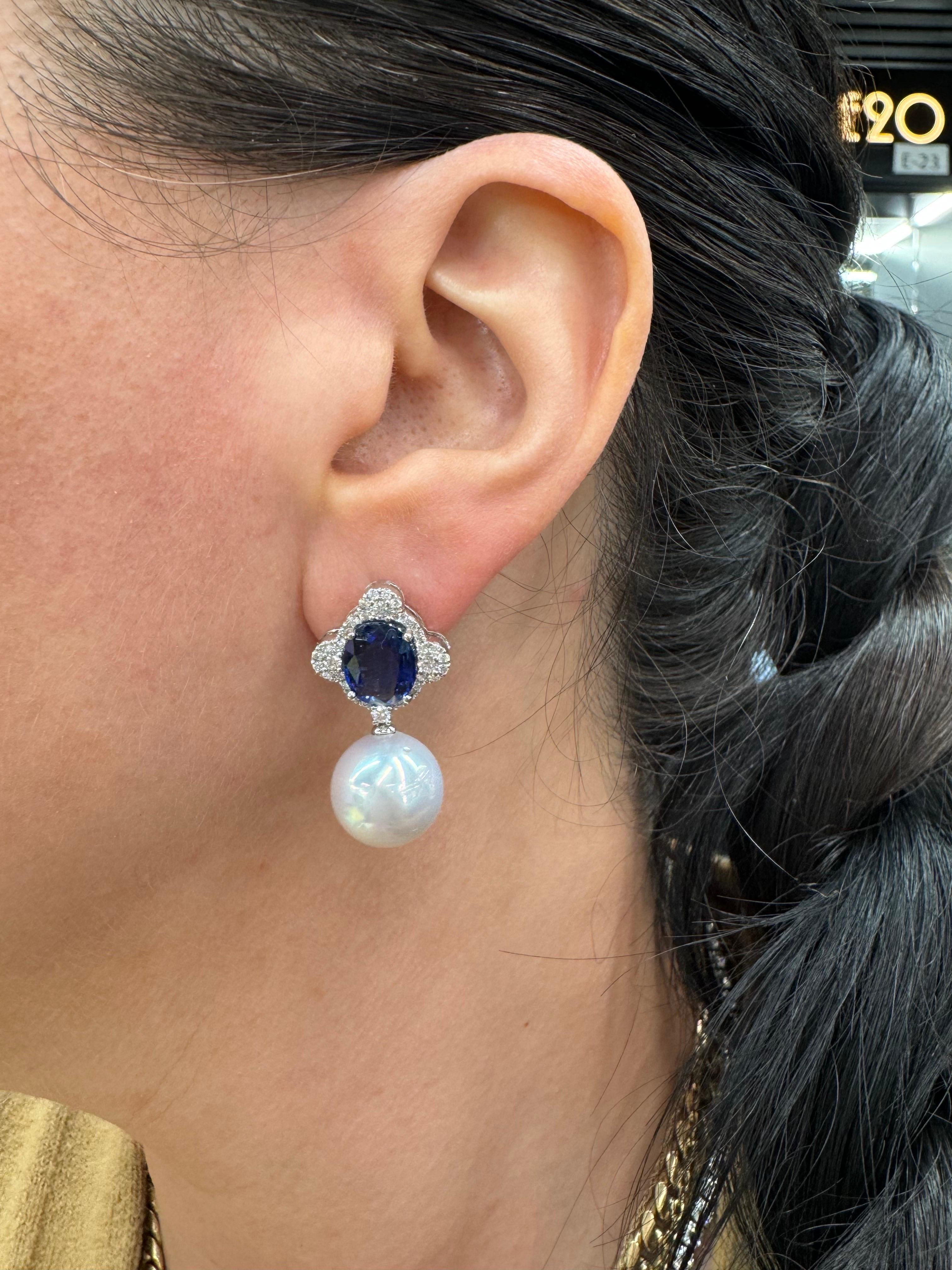 Women's Kyanite Diamond South Sea Pearl Drop Earrings 7.25 Carat 18 Karat White Gold For Sale