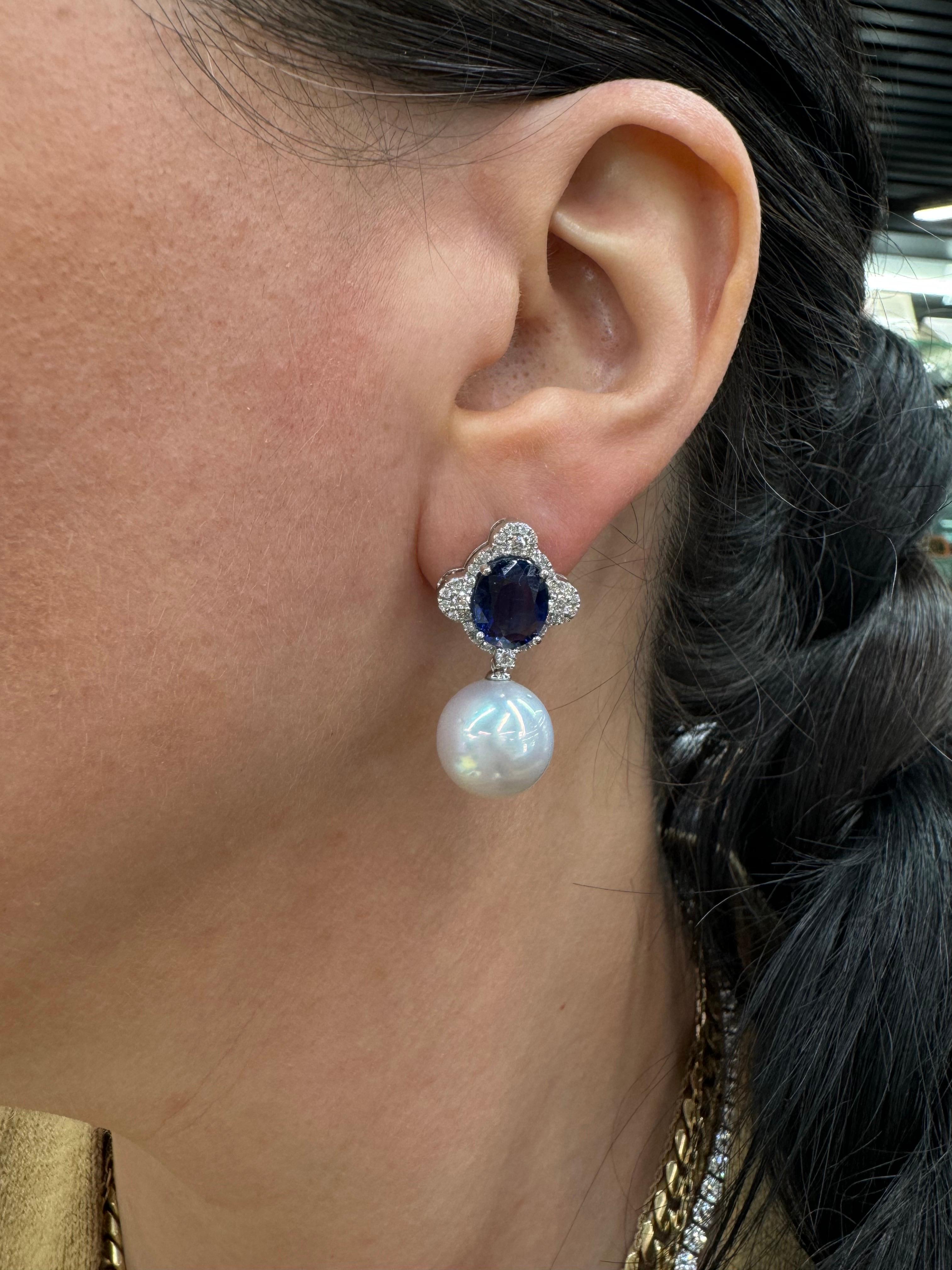 Kyanite Diamond South Sea Pearl Drop Earrings 7.25 Carat 18 Karat White Gold For Sale 1