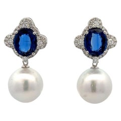 Kyanite Diamond South Sea Pearl Drop Earrings 7.25 Carat 18 Karat White Gold