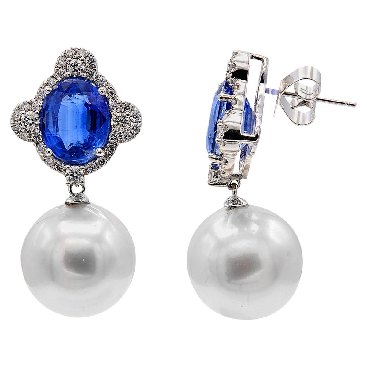 Kyanite Diamond South Sea Pearl Earrings 7.25 Carat 18 Karat White Gold For Sale