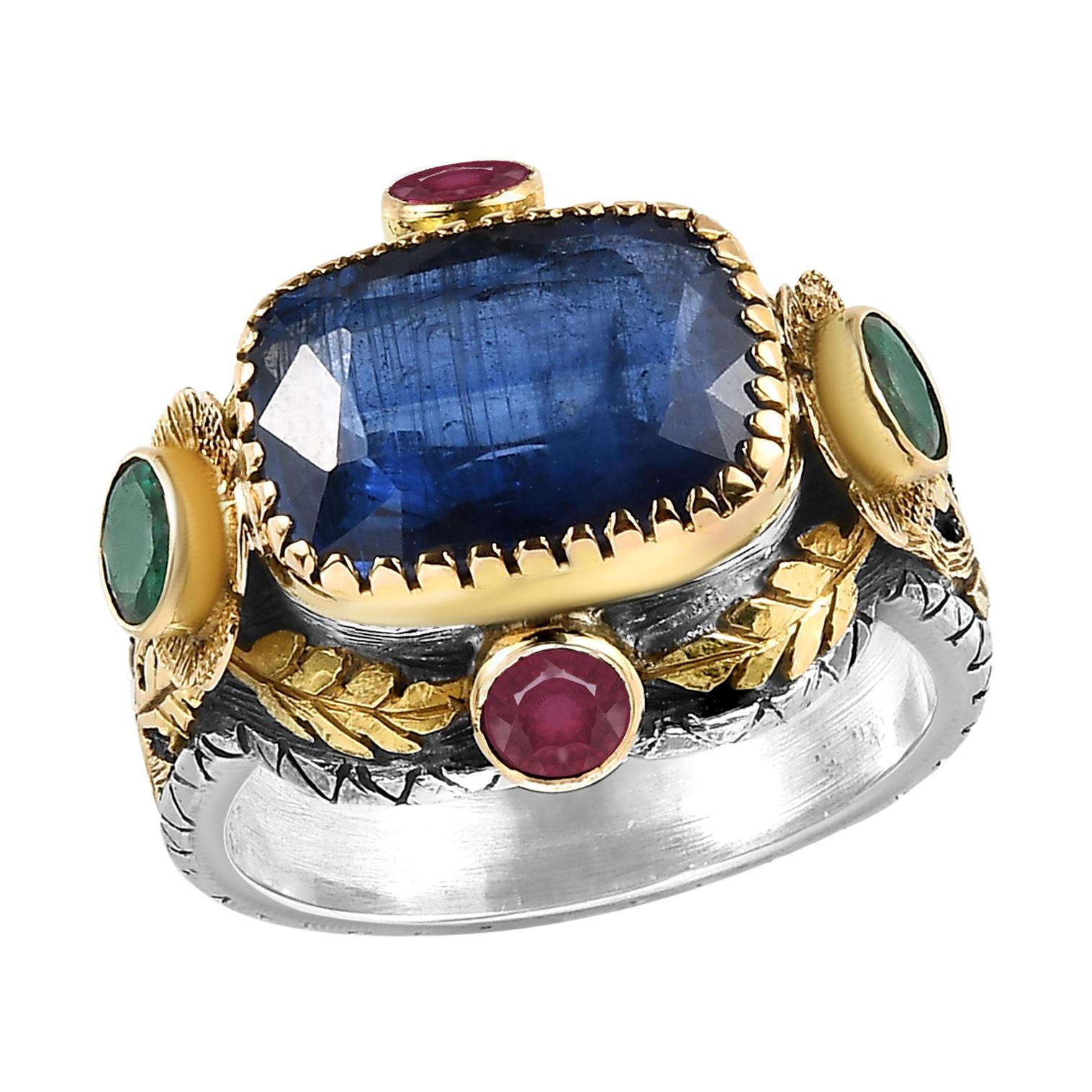 Taglio smeraldo Anello da cocktail con tormalina smeraldo e kianite in oro 18k e argento in vendita