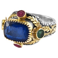 Kyanite Emerald Tourmaline 18k Gold Silver Cocktail Ring