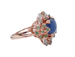 Kyanite, Emeralds, Diamonds, Rose Gold and Silver Ring.