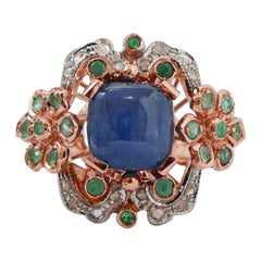 Kyanite, Emeralds, Diamonds, Rose Gold and Silver Ring.