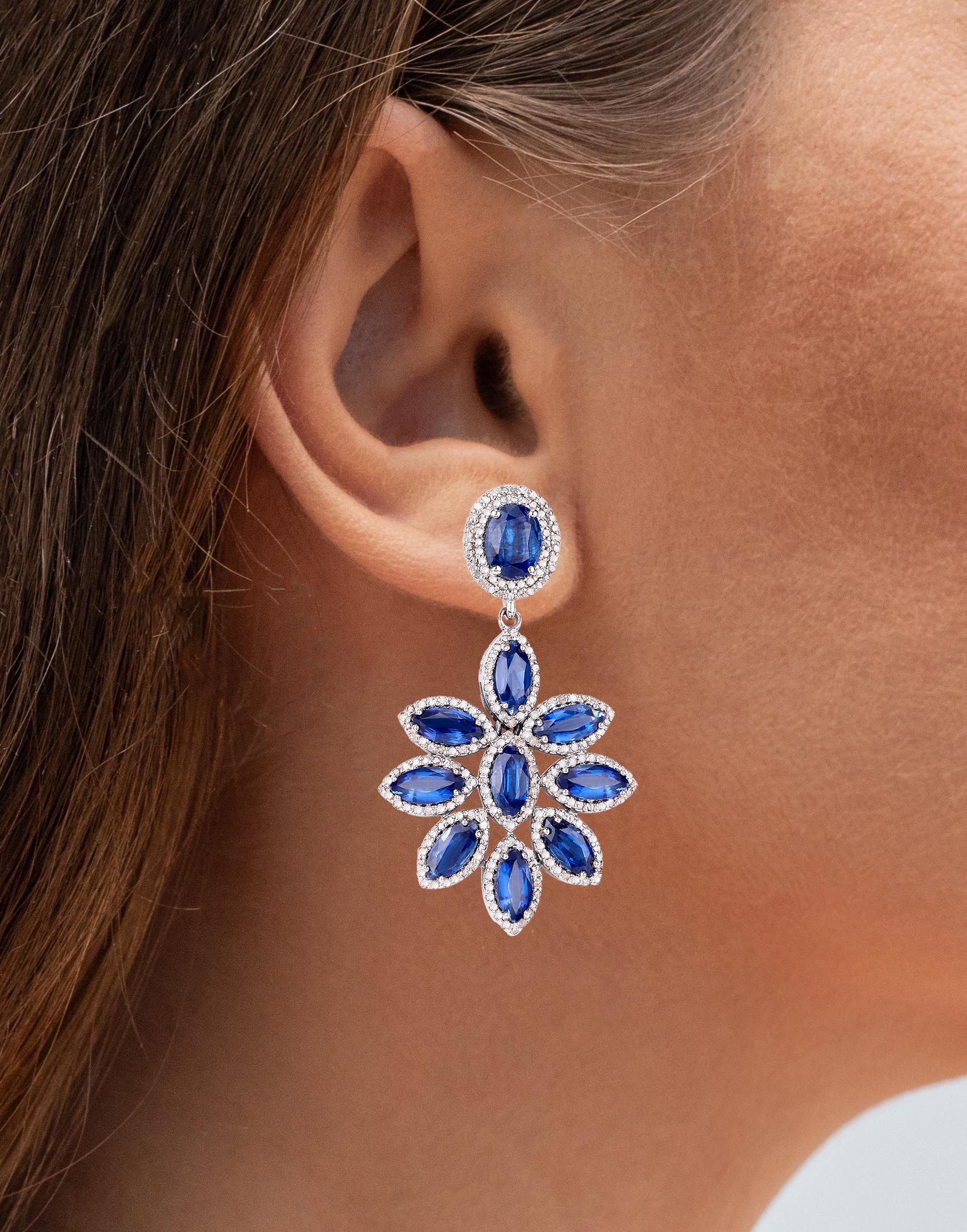 Contemporary Kyanite Floral Earrings With Diamonds 19.35 Carats Sterling Silver For Sale