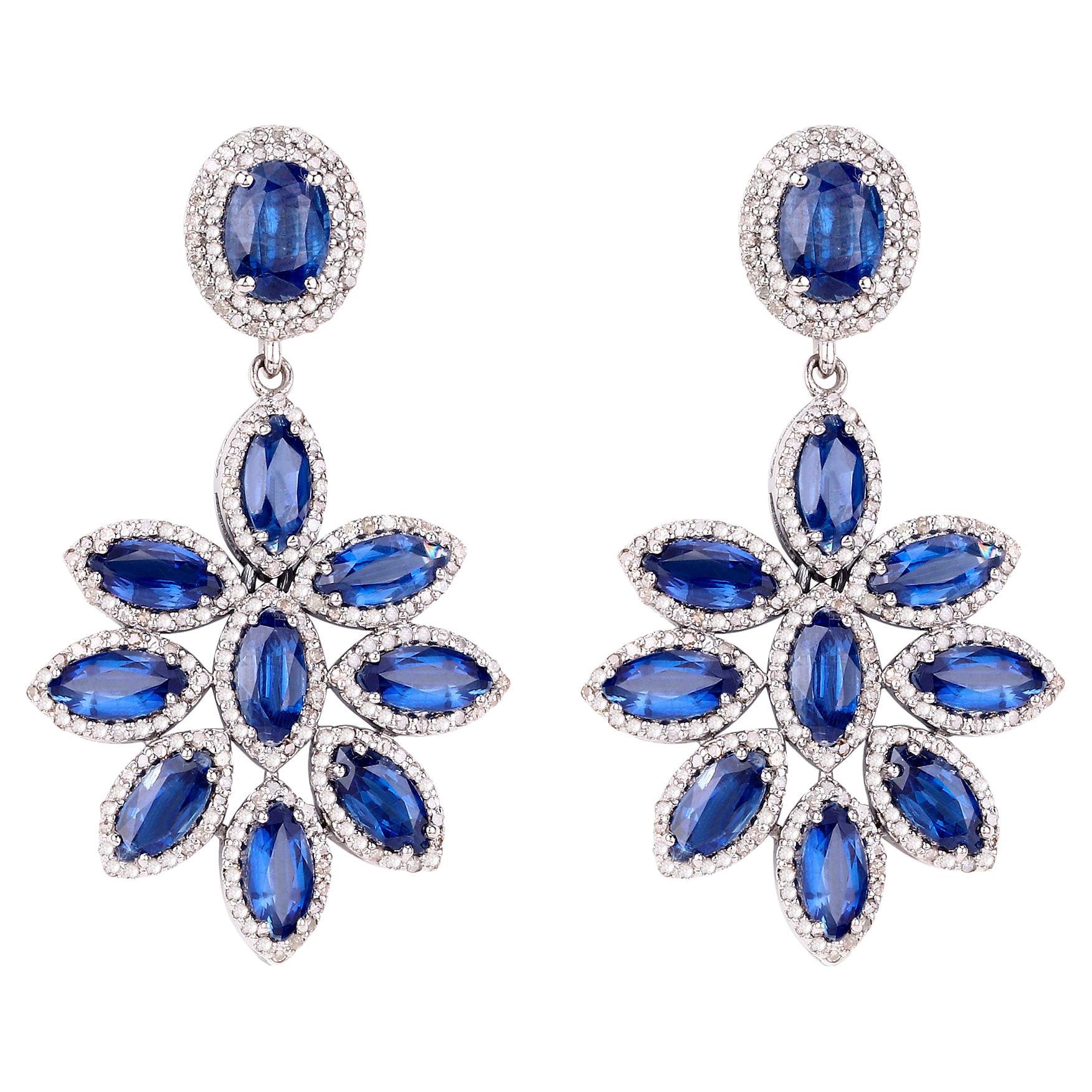 Kyanite Floral Earrings With Diamonds 19.35 Carats Sterling Silver For Sale