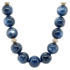 Kyanite Gemstone Bead Necklace with Diamond Rondelles, White Gold Clasp