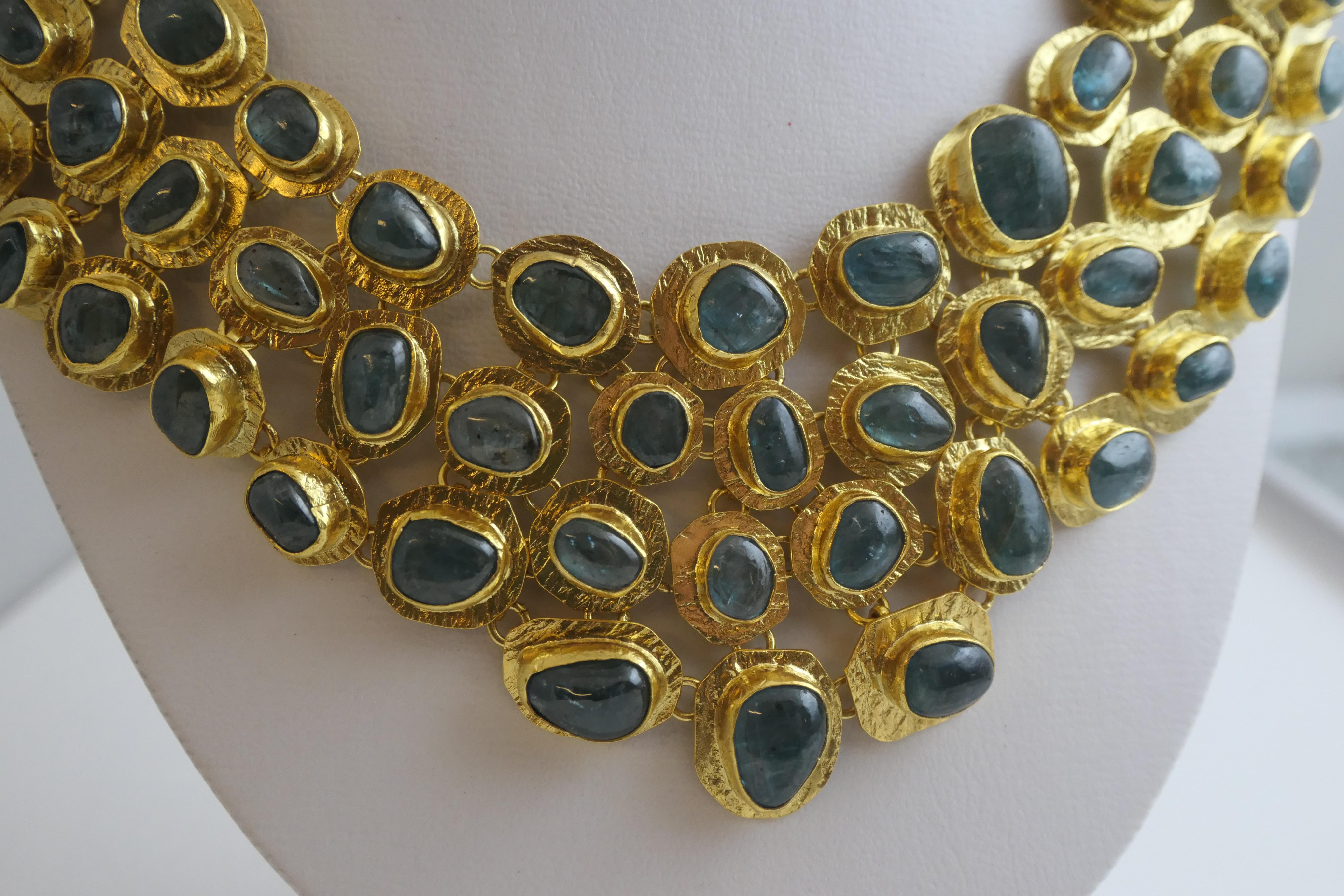Artisan Kyanite Gold Plated Sterling Silver Statement Bib Necklace For Sale