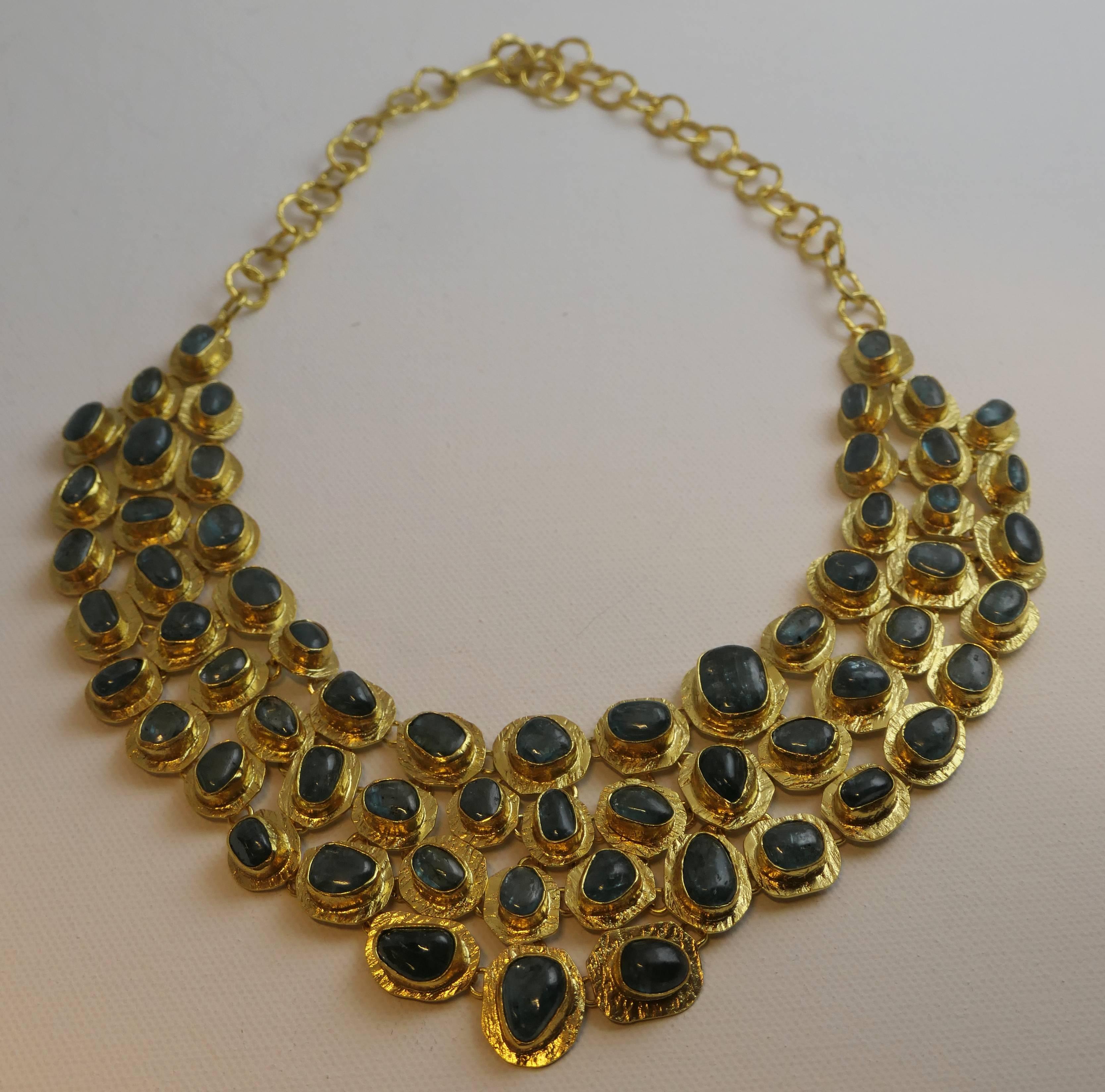 Cabochon Kyanite Gold Plated Sterling Silver Statement Bib Necklace For Sale