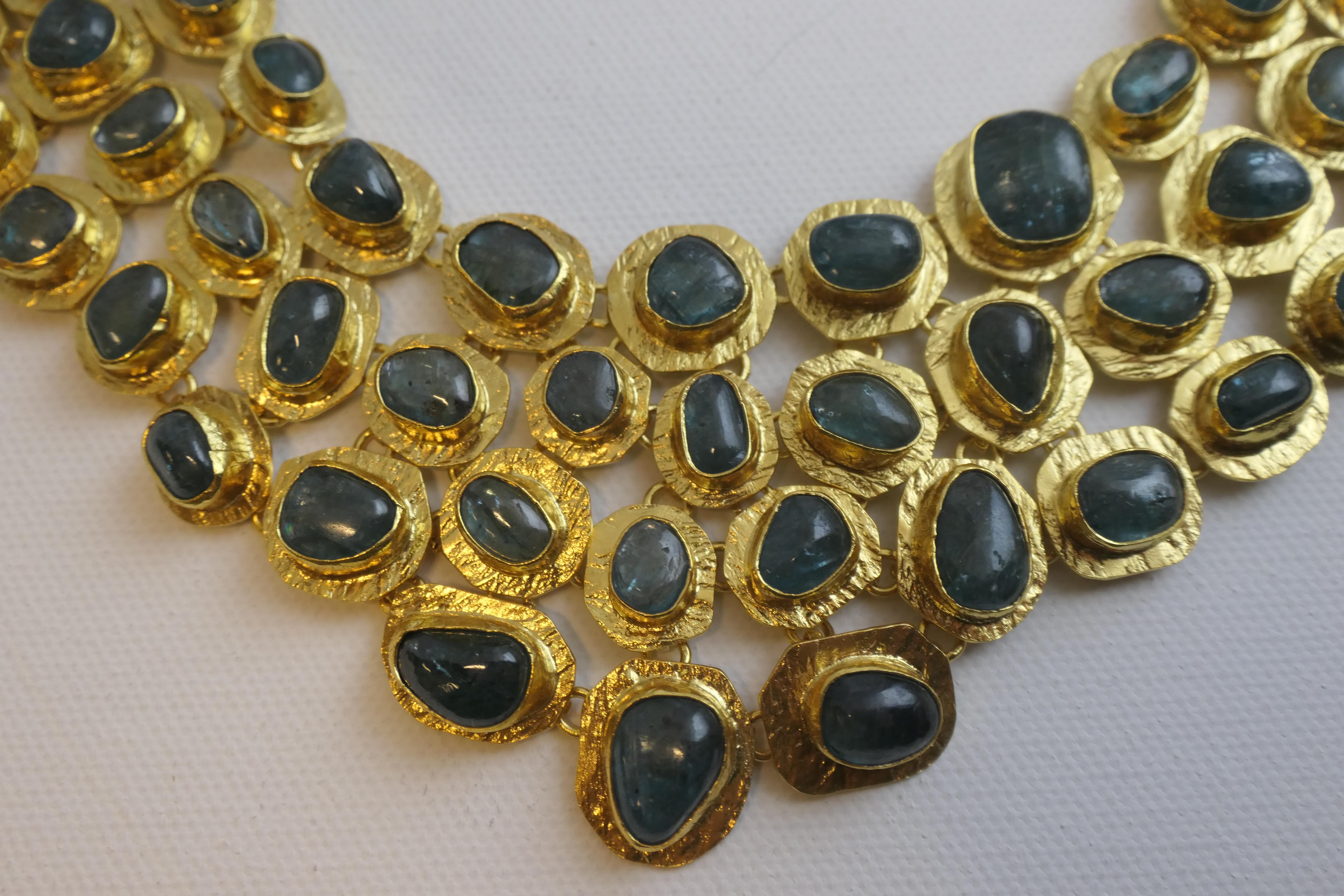 Kyanite Gold Plated Sterling Silver Statement Bib Necklace For Sale 1