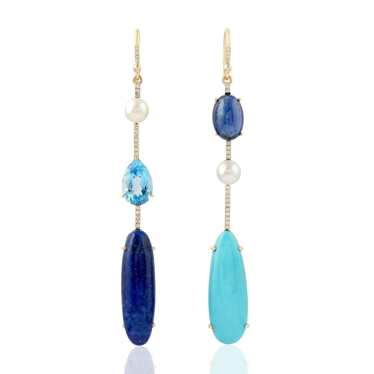 Mixed Cut Kyanite Lapis Turquoise Diamond 18 Karat Gold Linear Earrings For Sale