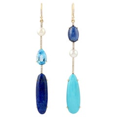 Kyanite Lapis Turquoise Diamond 18 Karat Gold Linear Earrings