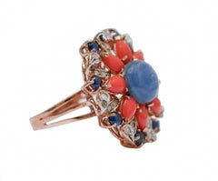 Kyanite, Sapphires, Corals, Diamonds, Rose Gold and Silver Ring.
