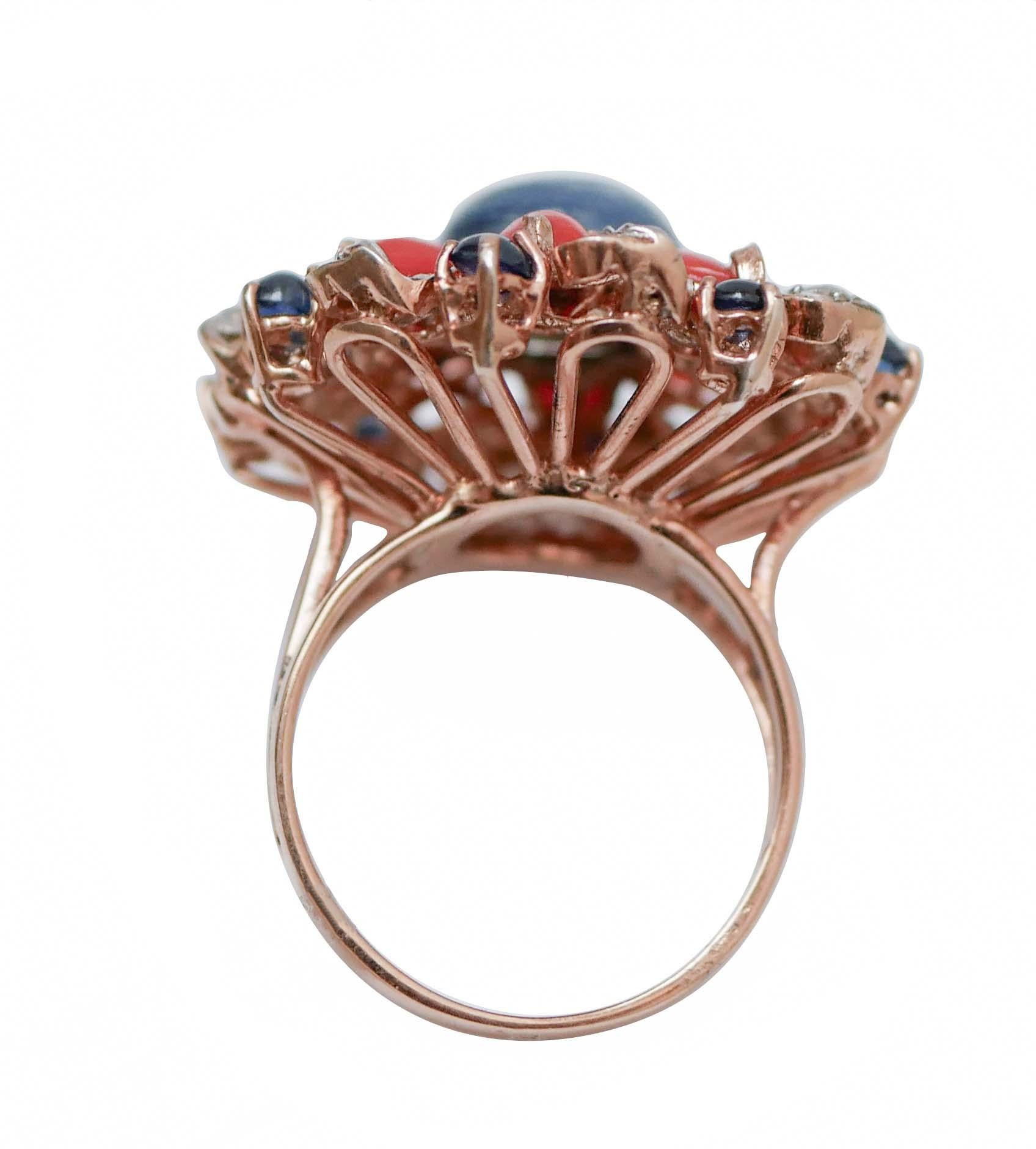 Retro Kyanite, Sapphires, Corals, Diamonds, Rose Gold and Silver Ring. For Sale