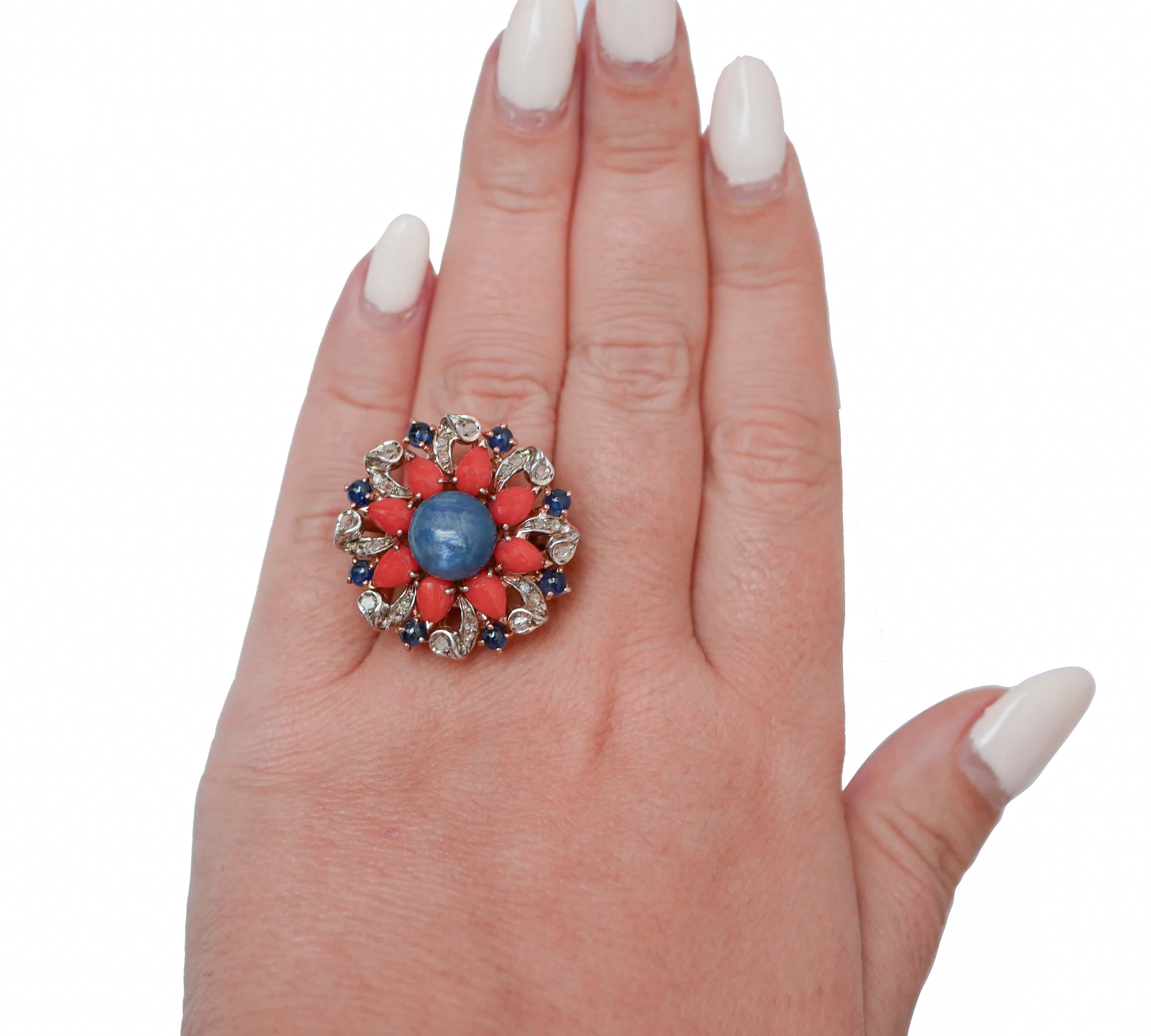 Mixed Cut Kyanite, Sapphires, Corals, Diamonds, Rose Gold and Silver Ring. For Sale
