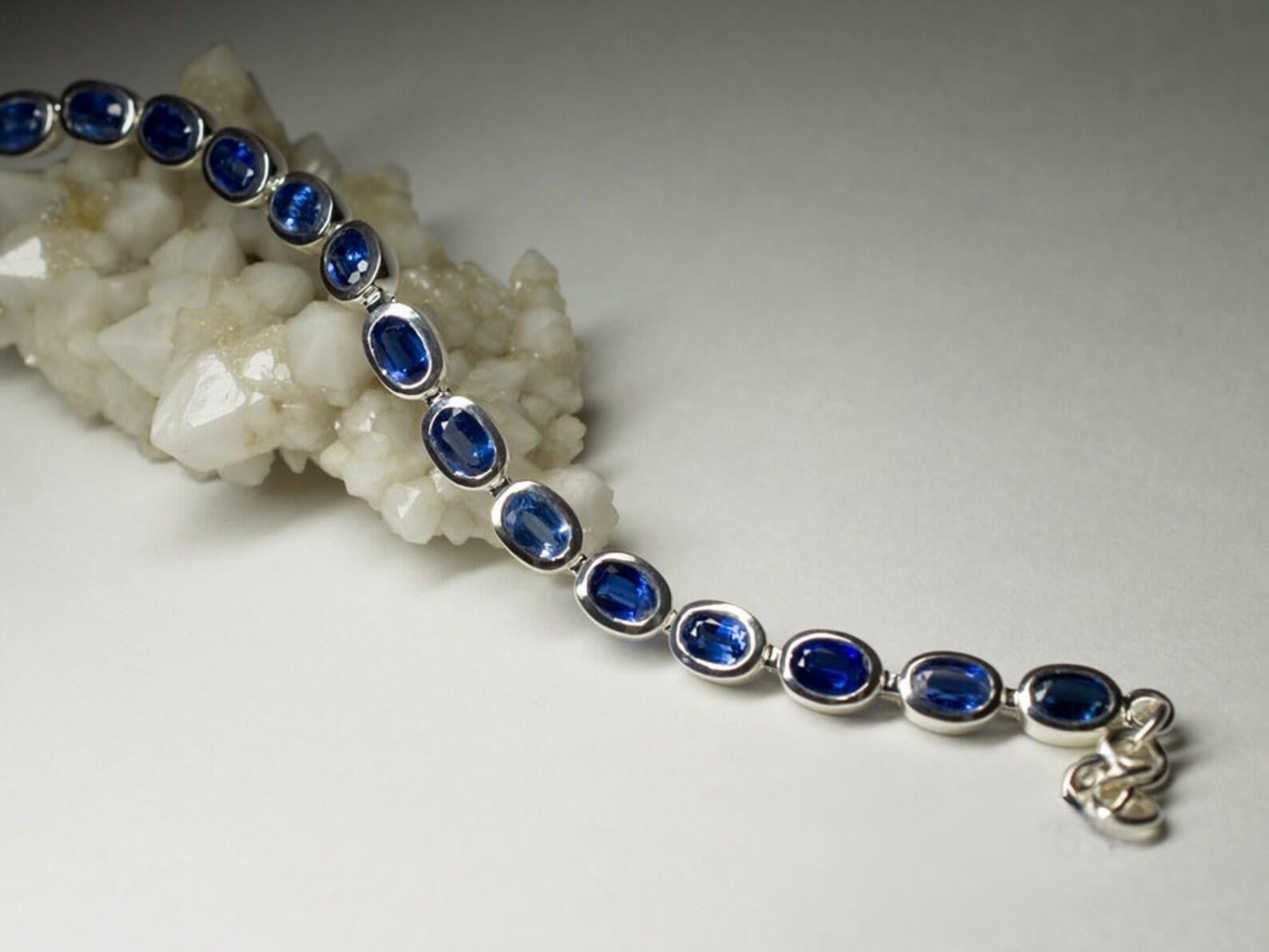 Women's or Men's Kyanite Silver Bracelet 18 Fancy Oval Cut Adjustable Deep Blue Nepali Gemstone