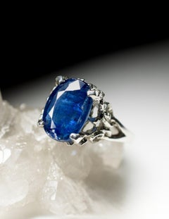 Kyanite Silver Ring Fancy Oval Dark Blue Brunnera Flower Gemstone Vintage