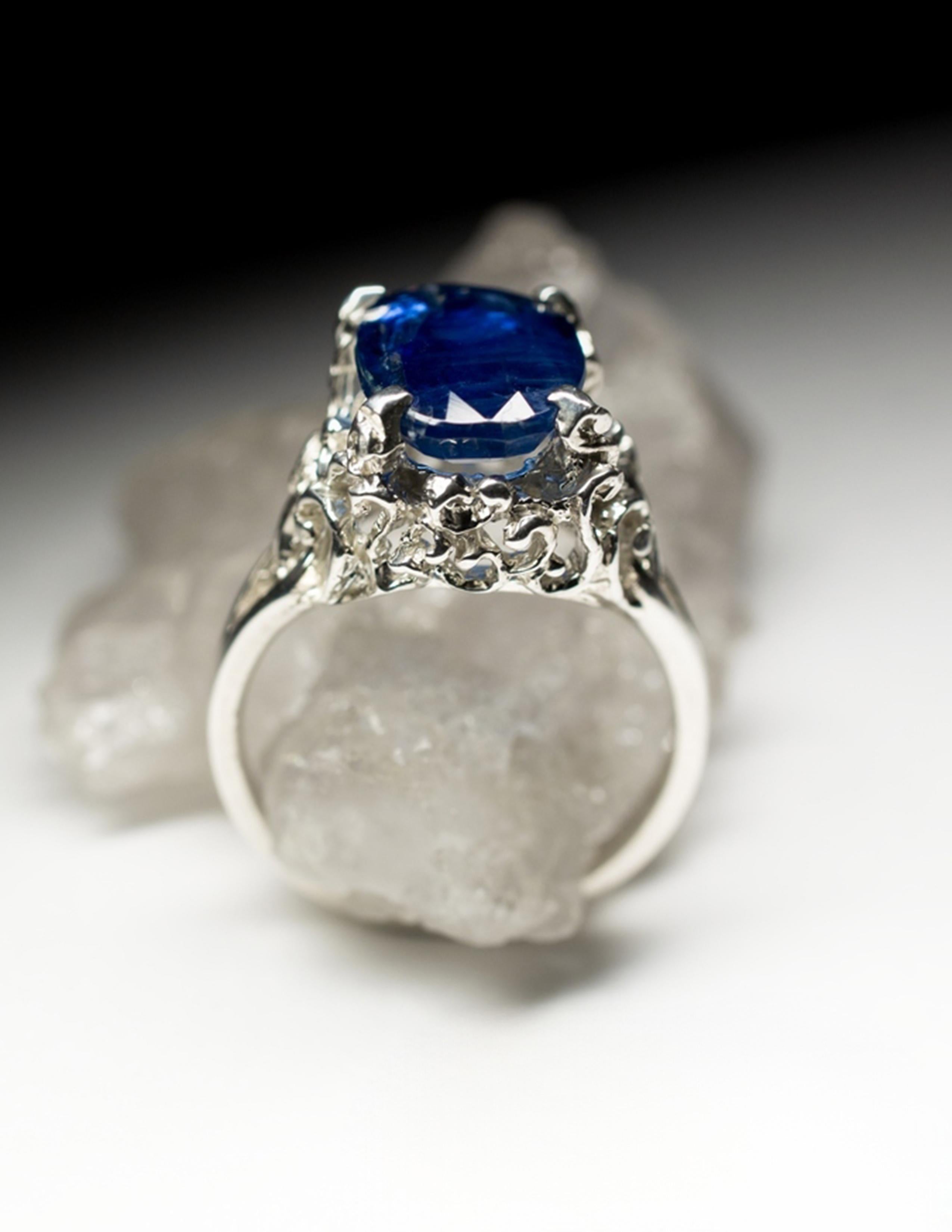 da uomo o donna Anello d'argento con kianite Fancy Oval Dark Blue Brunnera Flower Gemstone Vintage in vendita