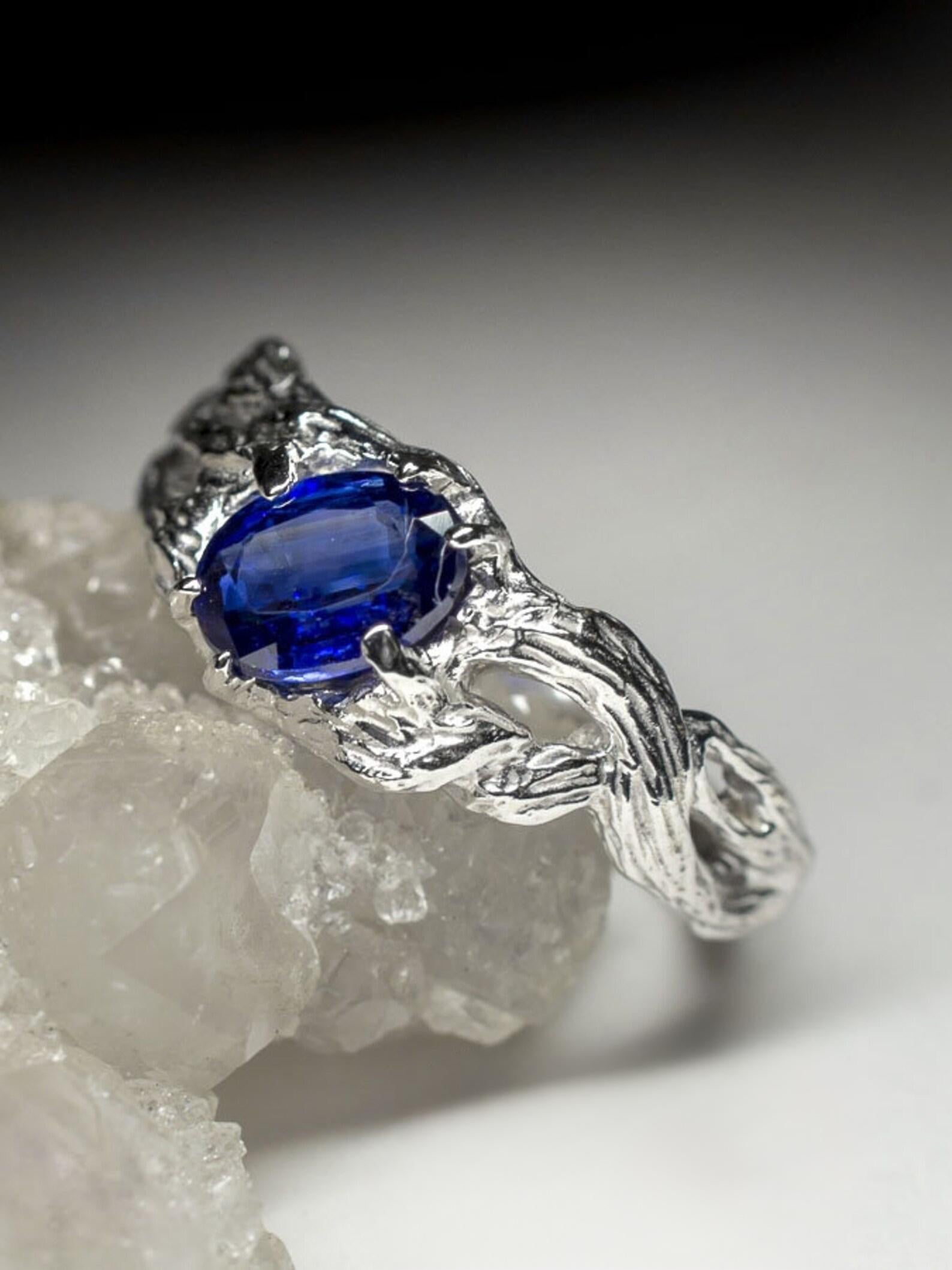 Artisan Kyanite Silver Ring Oval Deep Blue Translucent Nepalese Gem For Sale