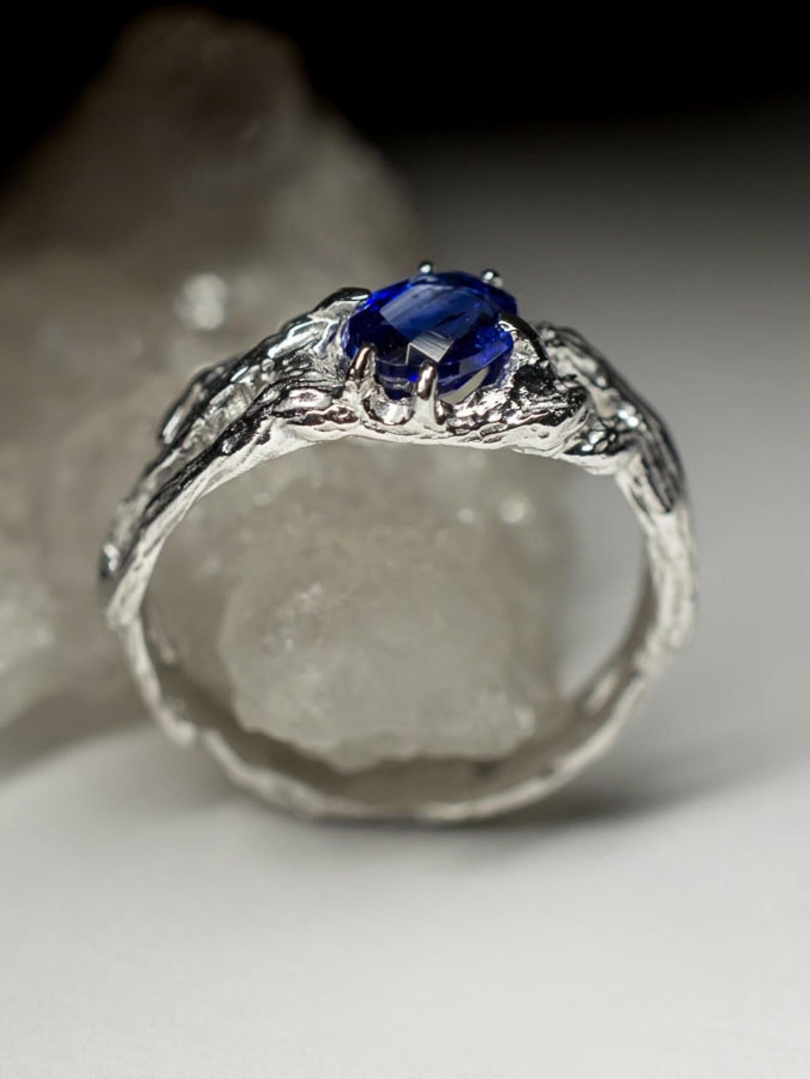 Women's or Men's Kyanite Silver Ring Oval Deep Blue Translucent Nepalese Gem For Sale