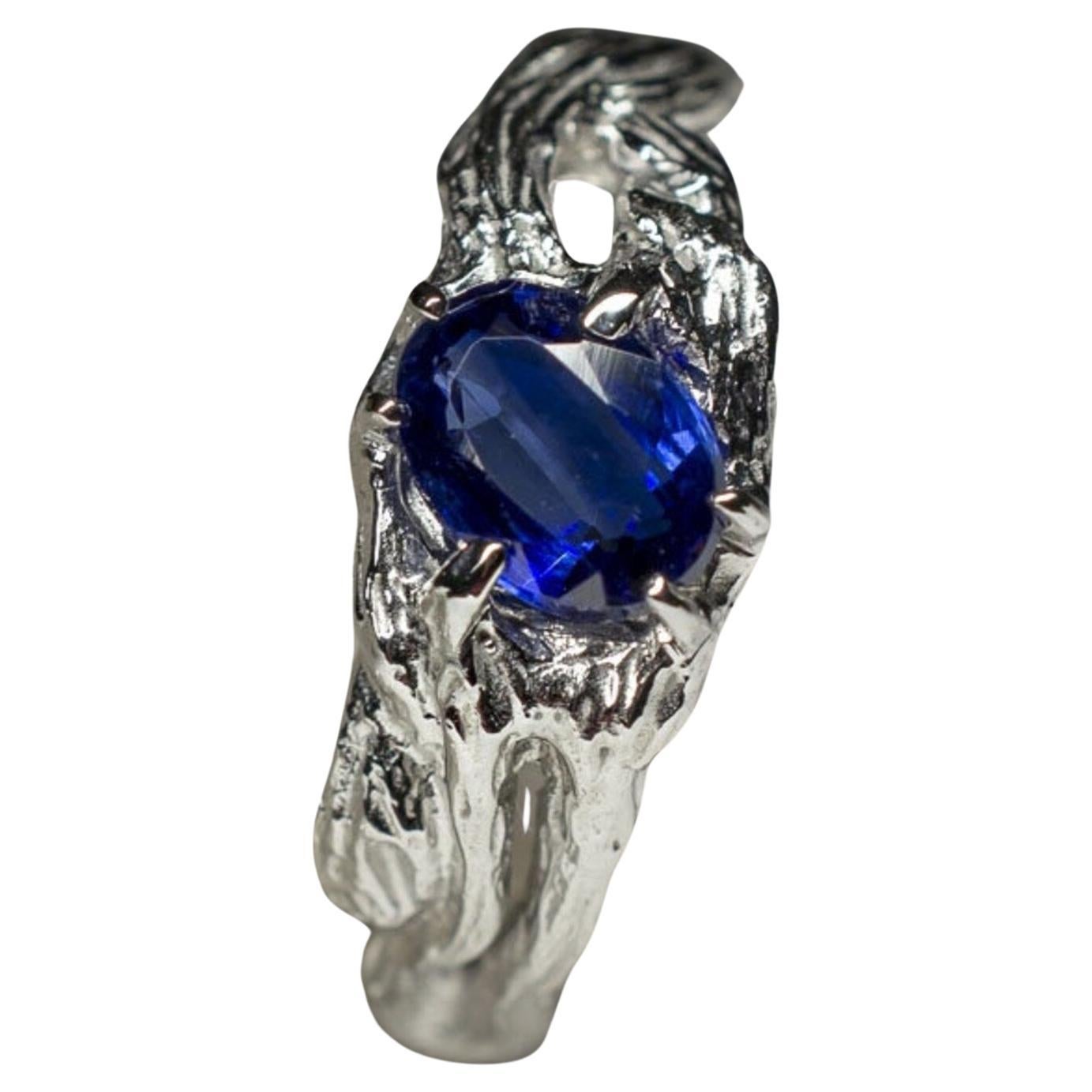 Kyanite Silver Ring Oval Deep Blue Translucent Nepalese Gem For Sale