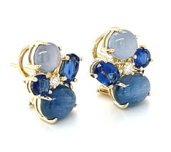 Kyanite, Star Sapphire and Diamond Cluster Earrings in 18k Yellow Gold