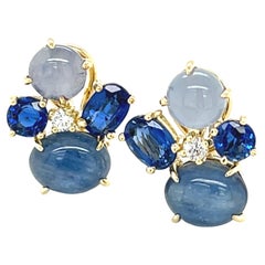 Pendientes Racimo de Cianita, Zafiro Estrella y Diamante en Oro Amarillo de 18k