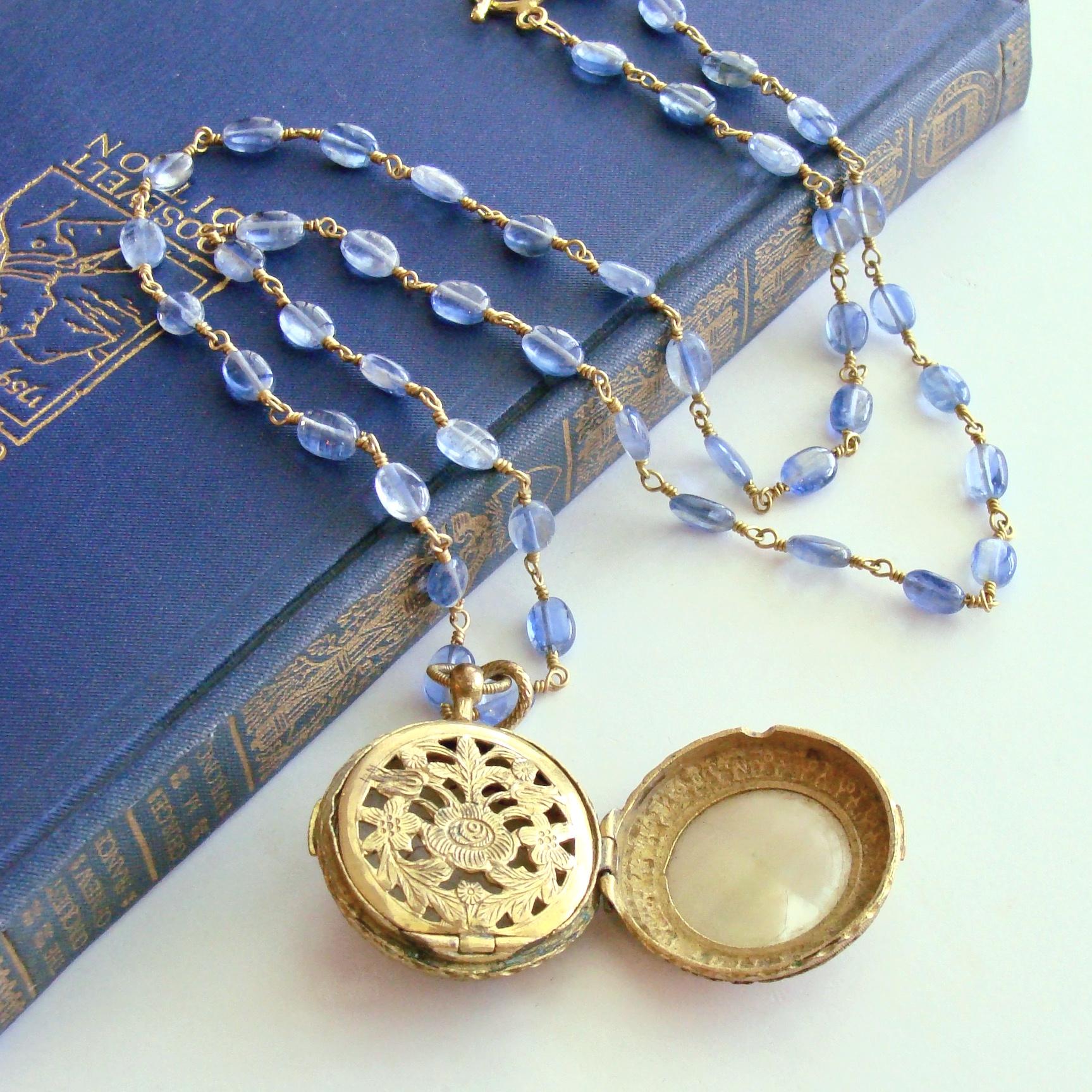 Oval Cut Kyanite with Georgian Crown & Mother of Pearl Vinaigrette Locket, Azora Necklace