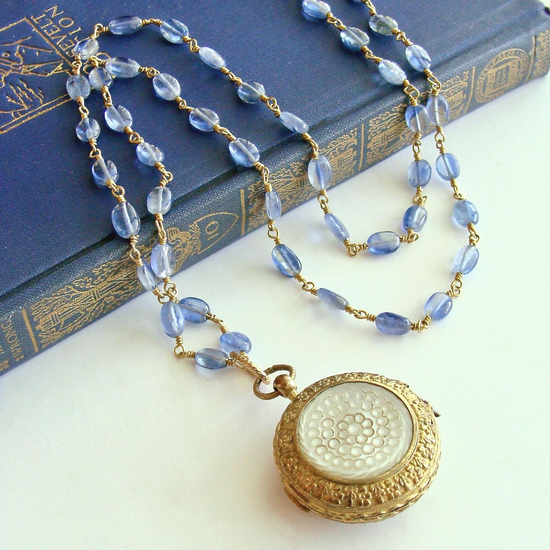 Kyanite with Georgian Crown & Mother of Pearl Vinaigrette Locket, Azora Necklace In Good Condition In Colleyville, TX