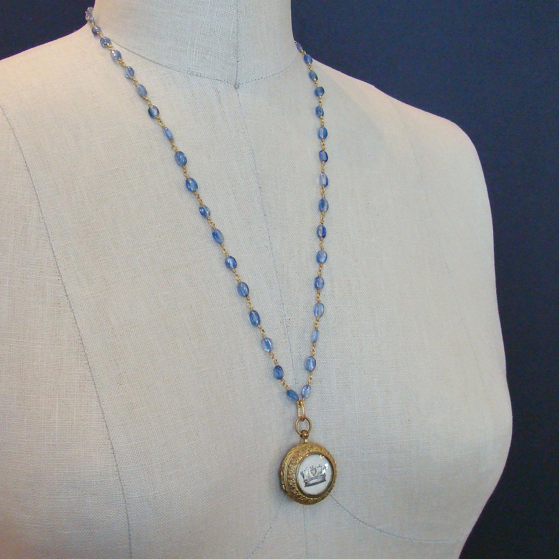Kyanite with Georgian Crown & Mother of Pearl Vinaigrette Locket, Azora Necklace 2