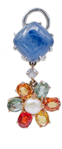 Kyanite, Sappphires, Diamonds, Pearls, 14 Kt White and Rose Gold Earrings.