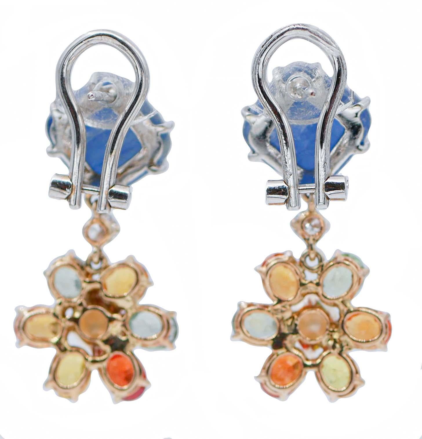 Retro Kyanite, Sappphires, Diamonds, Pearls, 14 Kt White and Rose Gold Earrings. For Sale