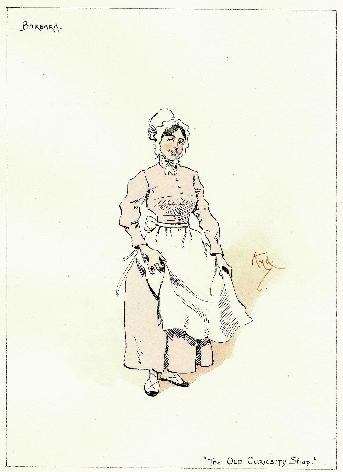 AUTHOR: CLARKE, Joseph Clayton (KYD) (Charles Dickens). 

TITLE: Barbara (from The Old Curiosity Shop)

PUBLISHER: England, [c. 1920]

DESCRIPTION: ORIGINAL INK AND WATERCOLOR SKETCH. 1 leaf, on paper, image 5-15/16