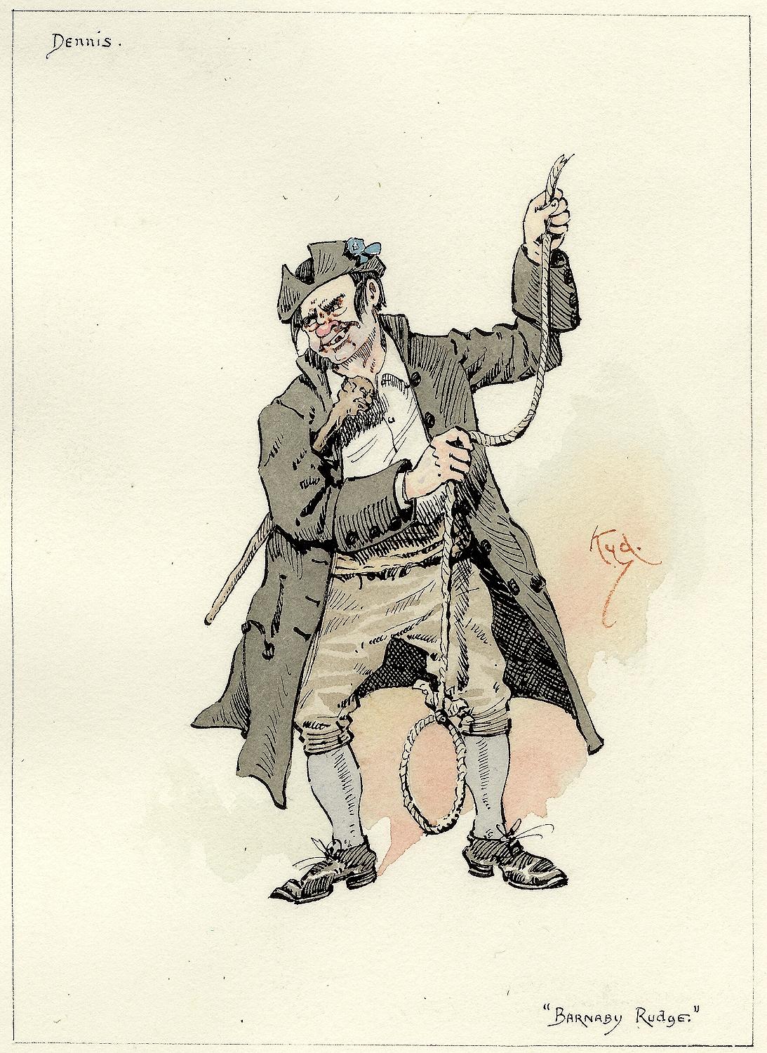 AUTHOR: CLARKE, Joseph Clayton (KYD) (Charles Dickens). 

TITLE: Dennis (from Barnaby Rudge)

PUBLISHER: England, [c. 1920]

DESCRIPTION: ORIGINAL INK AND WATERCOLOR SKETCH. 1 leaf, on paper, image 5-15/16