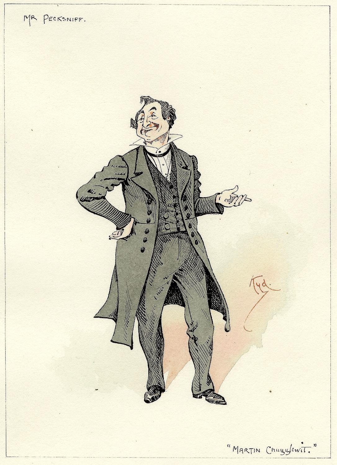 AUTHOR: CLARKE, Joseph Clayton (KYD) (Charles Dickens). 

TITLE: Mr. Pecksniff (from Martin Chuzzlewit)

PUBLISHER: England, [c. 1920]

DESCRIPTION: ORIGINAL INK AND WATERCOLOR SKETCH. 1 leaf, on paper, image 5-15/16