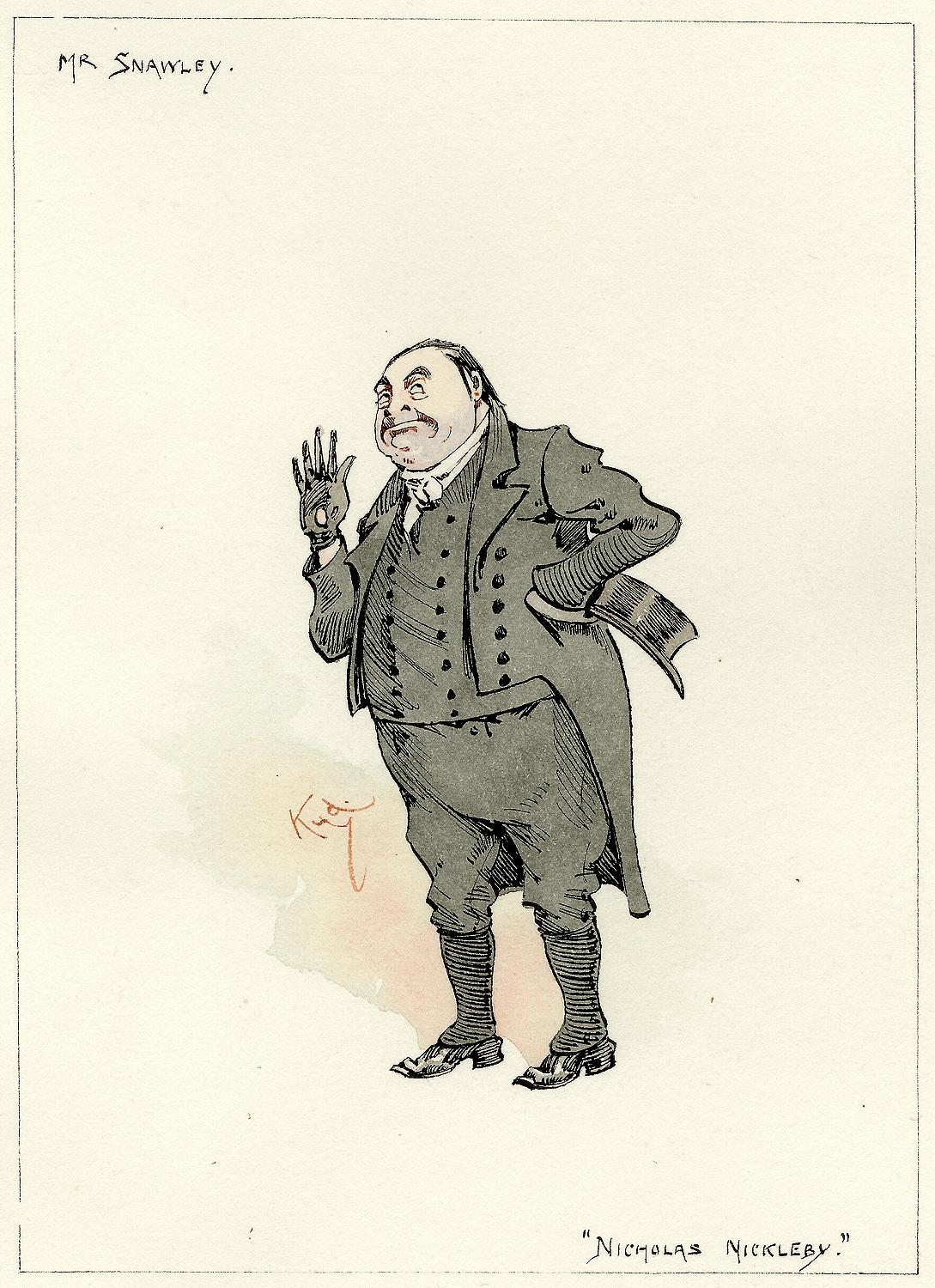 AUTHOR: CLARKE, Joseph Clayton (KYD) (Charles Dickens). 

TITLE: Mr. Snawley (from Nicholas Nickleby)

PUBLISHER: England, [c. 1920]

DESCRIPTION: ORIGINAL INK AND WATERCOLOR SKETCH. 1 leaf, on paper, image 5-15/16