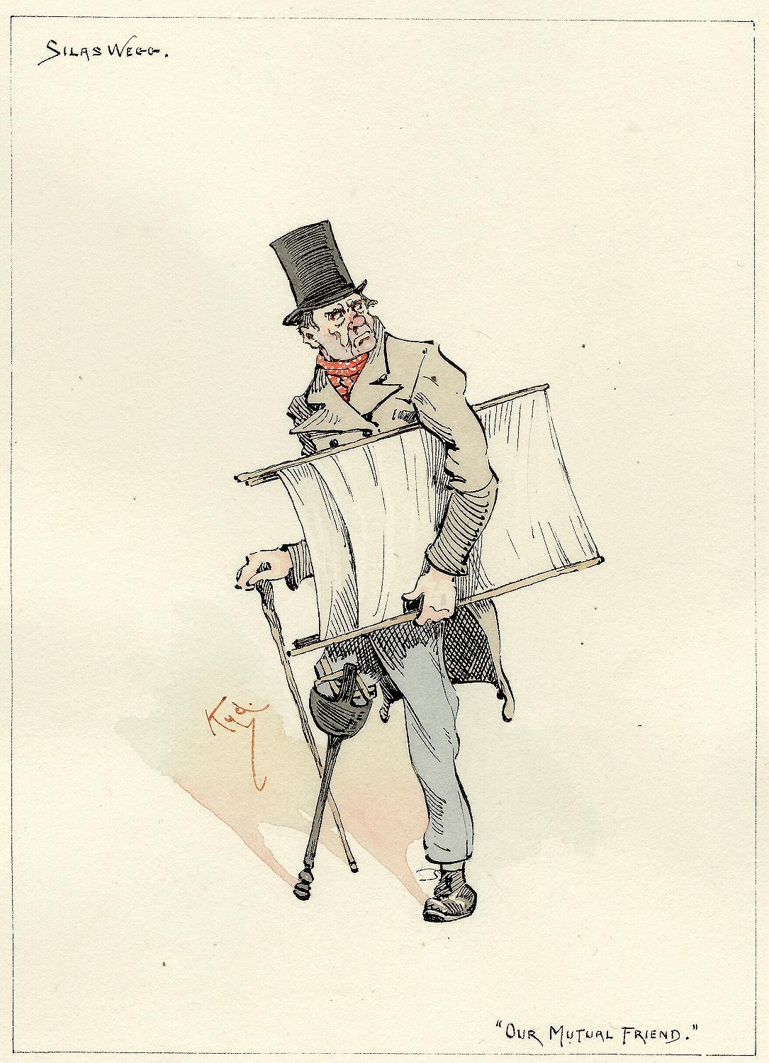 AUTHOR: CLARKE, Joseph Clayton (KYD) (Charles Dickens). 

TITLE: Silas Wegg (from Our Mutual Friend)

PUBLISHER: England, [c. 1920]

DESCRIPTION: ORIGINAL INK AND WATERCOLOR SKETCH. 1 leaf, on paper, image 5-15/16