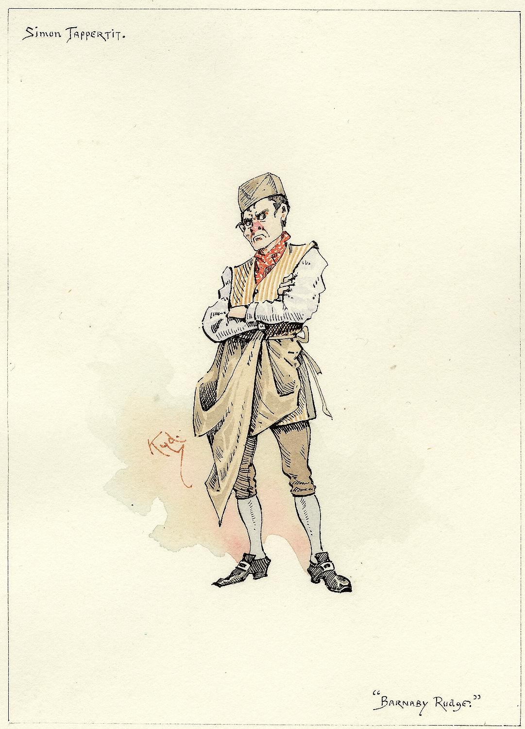 AUTHOR: CLARKE, Joseph Clayton (KYD) (Charles Dickens). 

TITLE: Simon Tappertit (from Barnaby Rudge)

PUBLISHER: England, [c. 1920]

DESCRIPTION: ORIGINAL INK AND WATERCOLOR SKETCH. 1 leaf, on paper, image 5-15/16