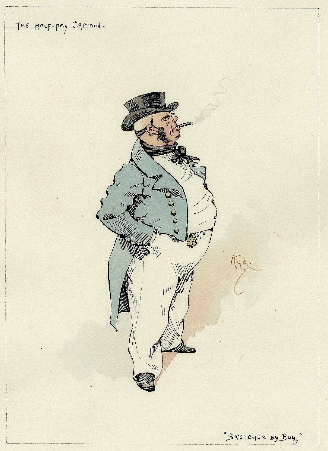 AUTHOR: CLARKE, Joseph Clayton (KYD) (Charles Dickens). 

TITLE: The Half-Pay Captain (from Sketches By Boz).

PUBLISHER: England, [c. 1920]

DESCRIPTION: ORIGINAL INK AND WATERCOLOR SKETCH. 1 leaf, on paper, image 5-15/16