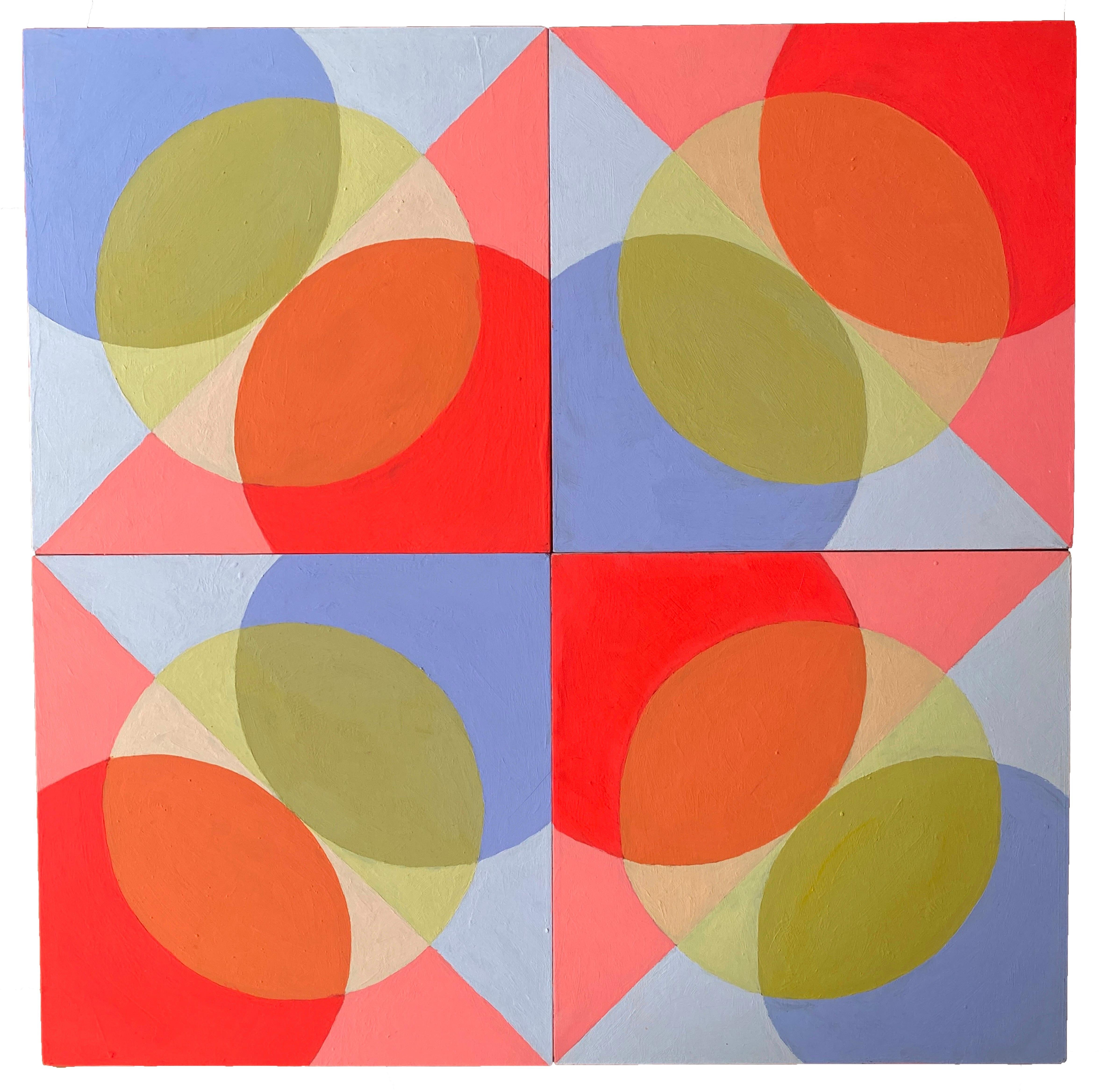 Set aus vier Gemälden mit verschiedenen Optionen geometrischer Abstraktion in Blau und Rot