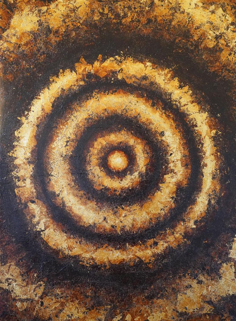 Huile et feuille d'or sur toile

"D'une manière simple, le cercle nous montre l'histoire complète de la création. Au début, il n'y avait rien, puis la conscience est apparue. La conscience est symbolisée par la création d'une circonférence dans le