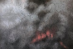 Pintura Abstracta Contemporánea 3D en Capas Fuego Americano Grande Naranja Azul Gris