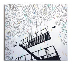 Peinture abstraite américaine de feu en relief en plusieurs couches, orange, bleu et gris, contemporaine