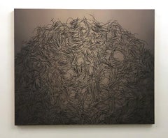 Pintura Abstracta Contemporánea 3D en Capas Fuego Americano Grande Naranja Azul Gris