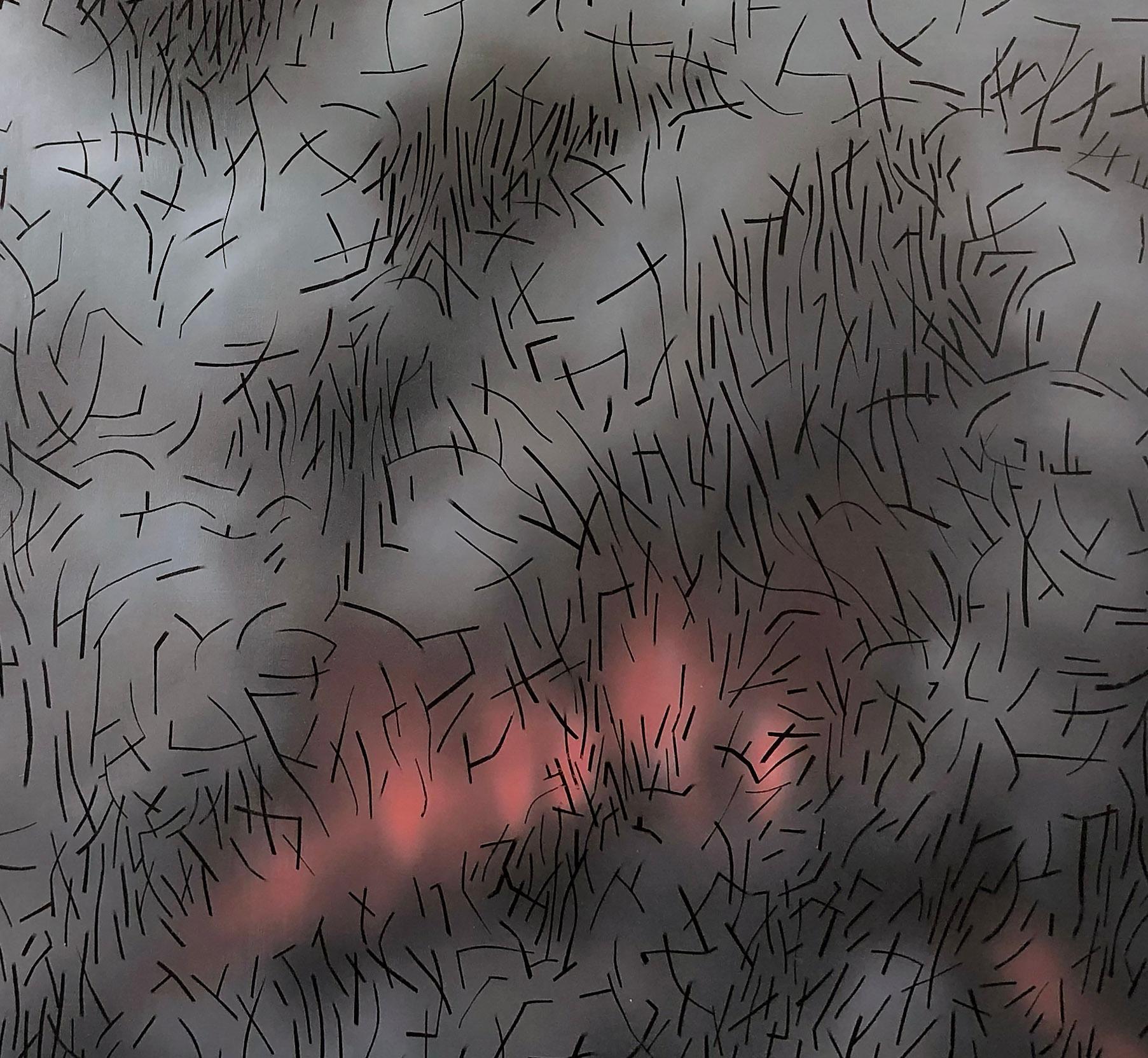 Ein fesselndes abstraktes Gemälde des zeitgenössischen amerikanischen Künstlers Kyle Butler, das Feuer und Rauchschwaden in dem für den Künstler typischen Stil darstellt.

Die Platte wird mit Graphit und dann mit Farbschichten bedeckt, die an