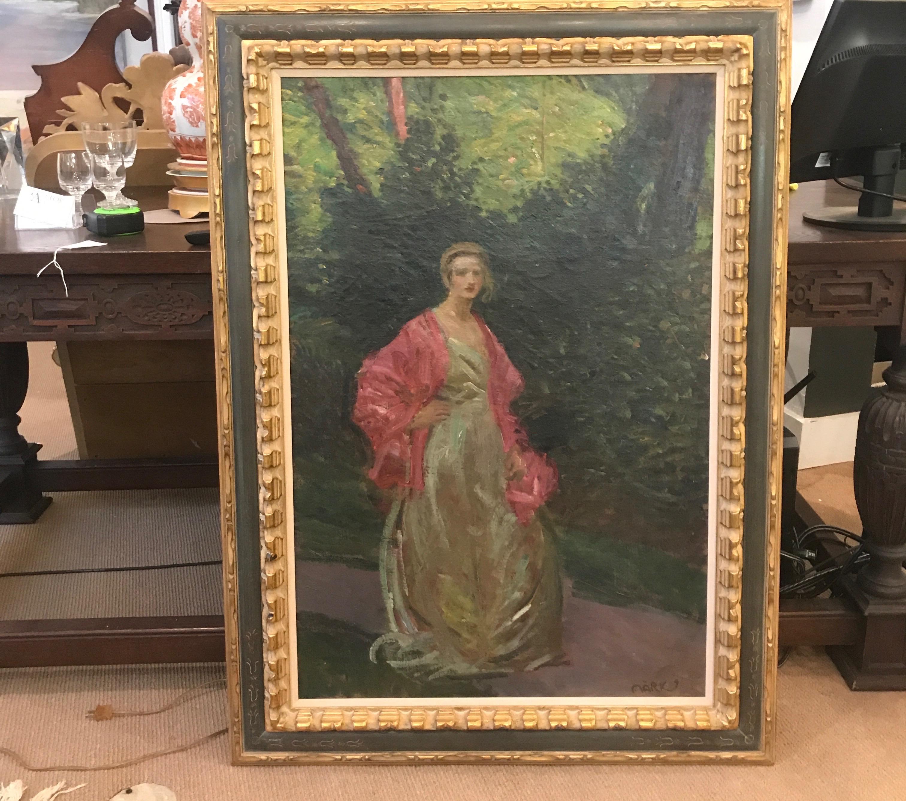 Elegant oil painting on canvas of a young woman is pick silk robe in a garden. The fame is original to the paintin with gilt and hand painted details. Viewable from the back, one small professional repair. Signed in Lower corner. Circa 1910
Lajos