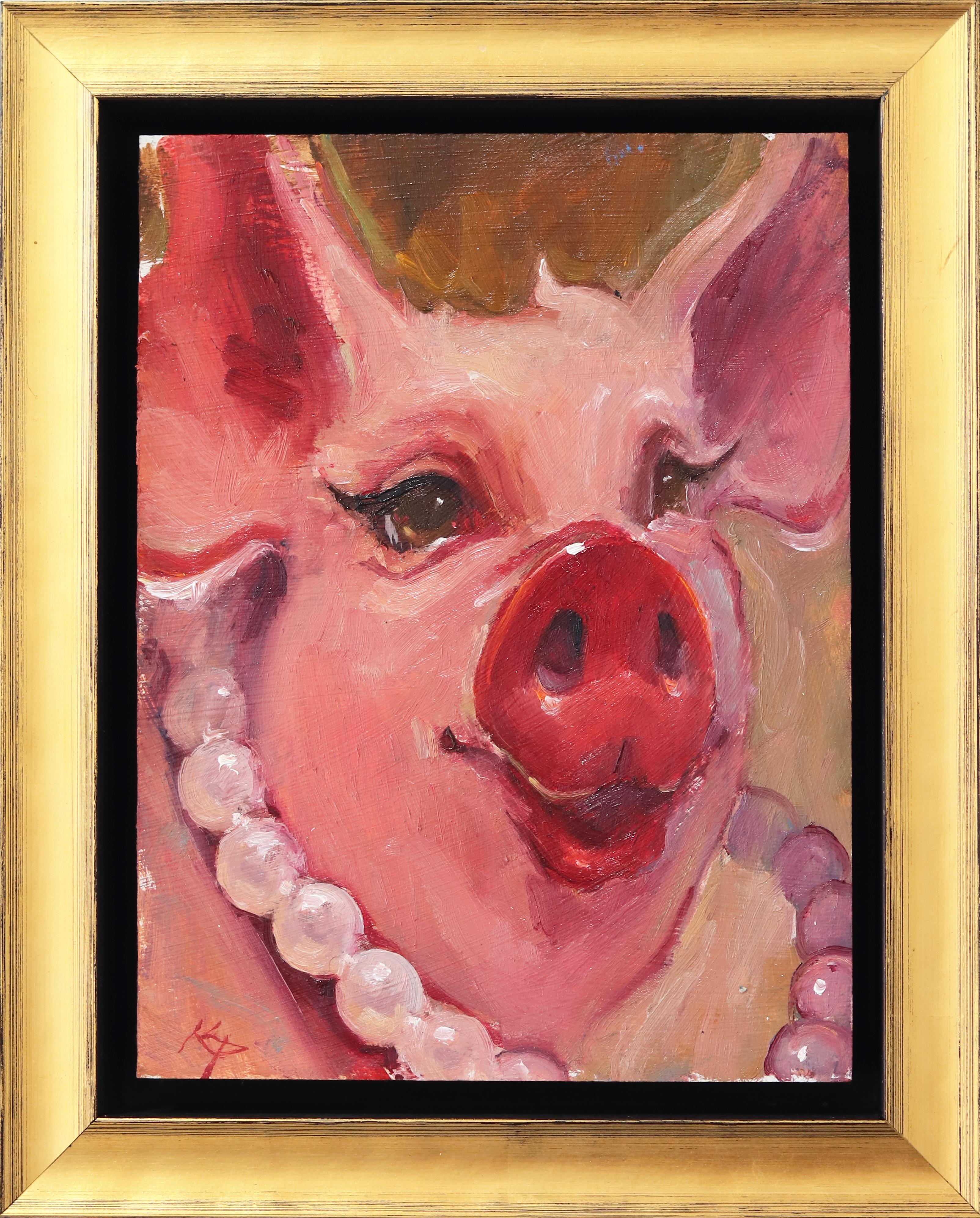 Kyle Paliotto Animal Painting - Glam - Whimsical Abstract Figurative Pig and Pearls Oil Painting in Gold Frame